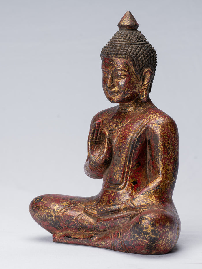 Buddha Sculpture - Buddha - Antique Khmer Style Seated Wood Buddha Statue Teaching Mudra - 27cm/11"