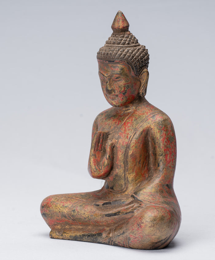 Buddha Sculpture - Buddha - Antique Khmer Style Seated Wood Buddha Statue Teaching Mudra - 21cm/8"