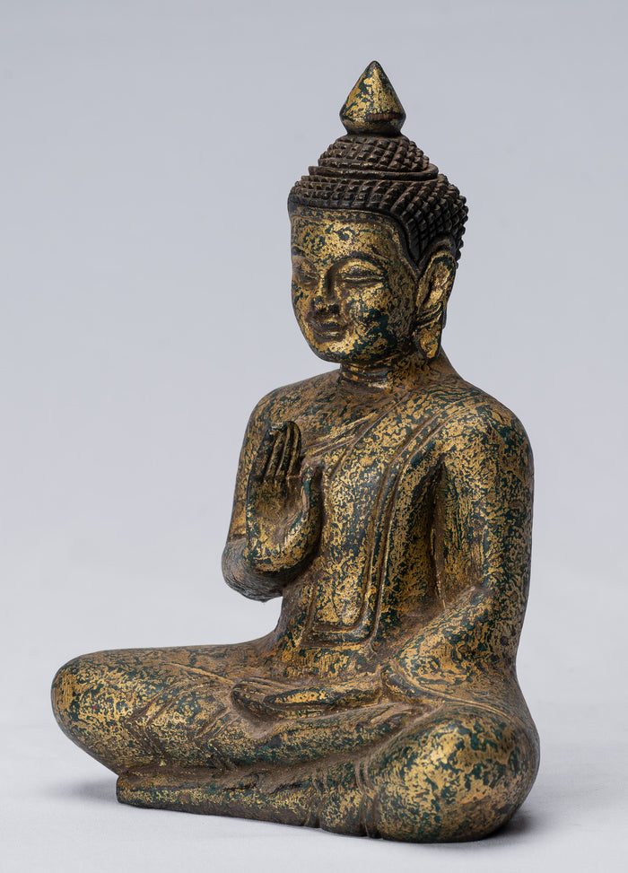 Buddha Sculpture - Buddha - Antique Khmer Style Seated Wood Buddha Statue Teaching Mudra - 21cm/8"