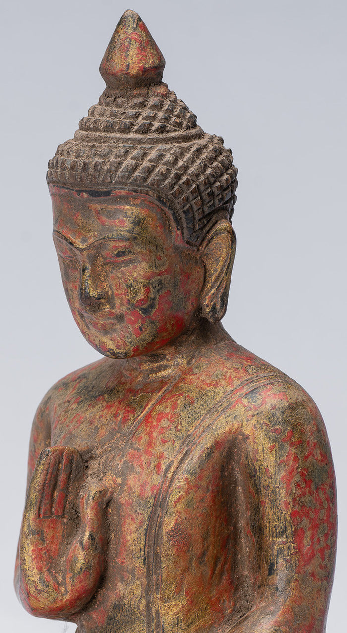Buddha Sculpture - Buddha - Antique Khmer Style Seated Wood Buddha Statue Teaching Mudra - 21cm/8"