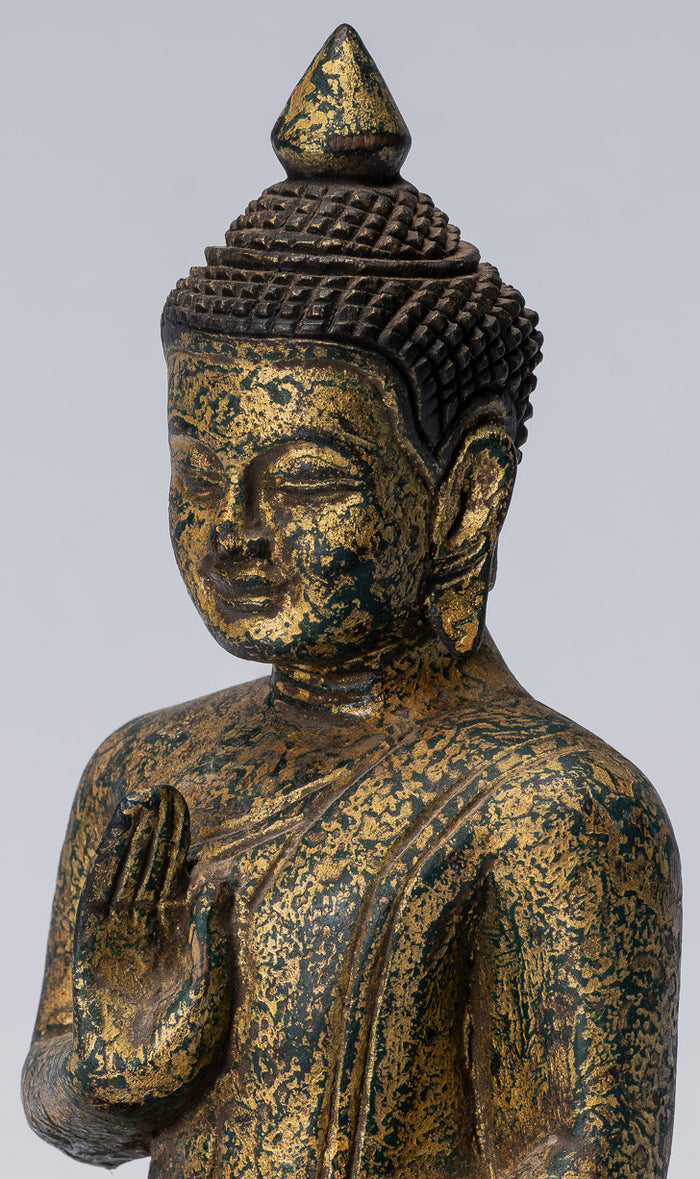 Buddha Sculpture - Buddha - Antique Khmer Style Seated Wood Buddha Statue Teaching Mudra - 21cm/8"