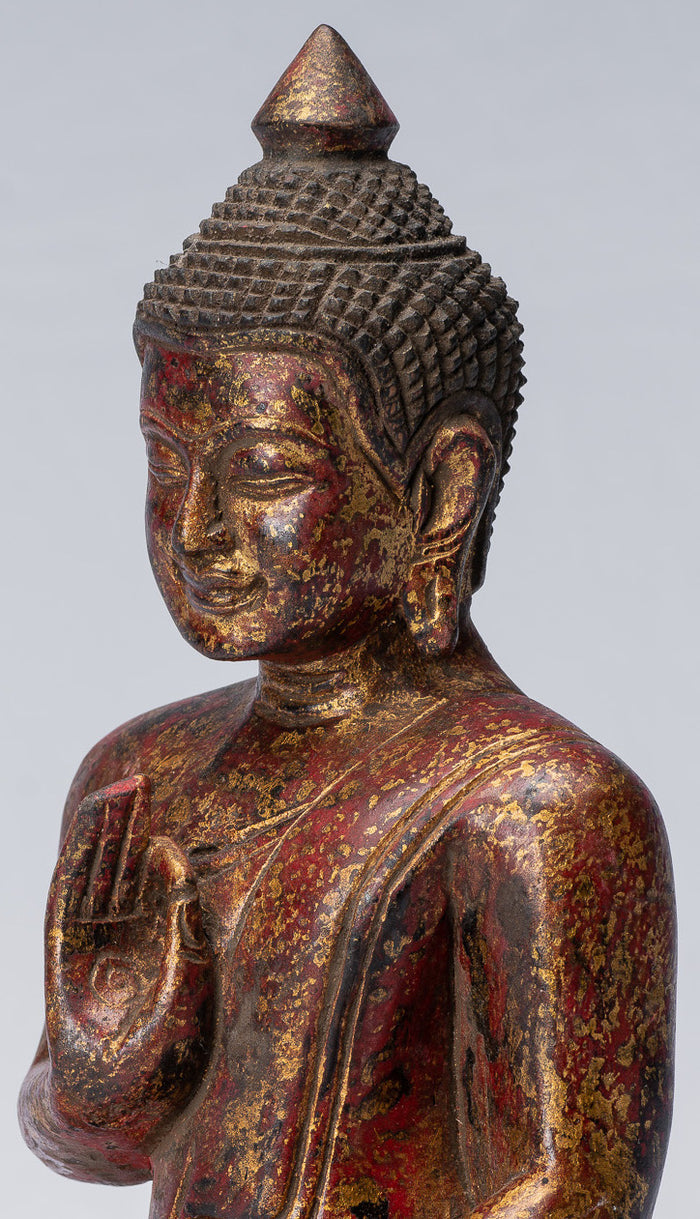 Buddha Sculpture - Buddha - Antique Khmer Style Seated Wood Buddha Statue Teaching Mudra - 27cm/11"