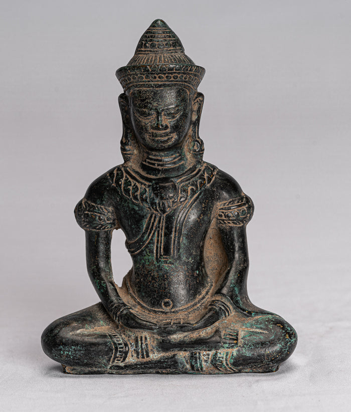 Buddha Statue - Antique Khmer Style Bronze Meditation Bayon Buddha Statue - 14cm/6"