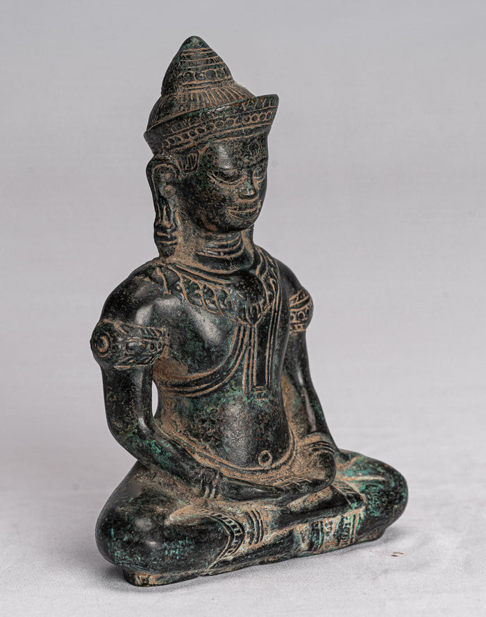 Buddha Statue - Antique Khmer Style Bronze Meditation Bayon Buddha Statue - 14cm/6"
