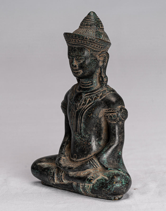 Buddha Statue - Antique Khmer Style Bronze Meditation Bayon Buddha Statue - 14cm/6"