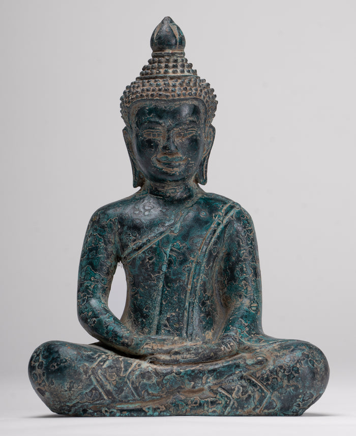 Buddha Statue - Antique Khmer Style Bronze Meditation Buddha Statue - 18cm/7"