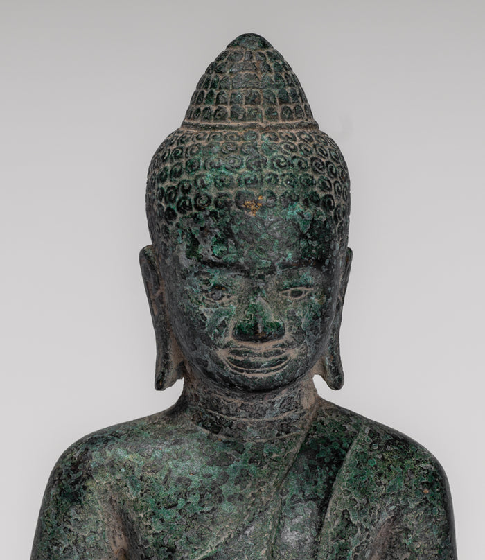 Buddha Statue - Antique Khmer Style Bronze Meditation Buddha Statue - 18cm/7"