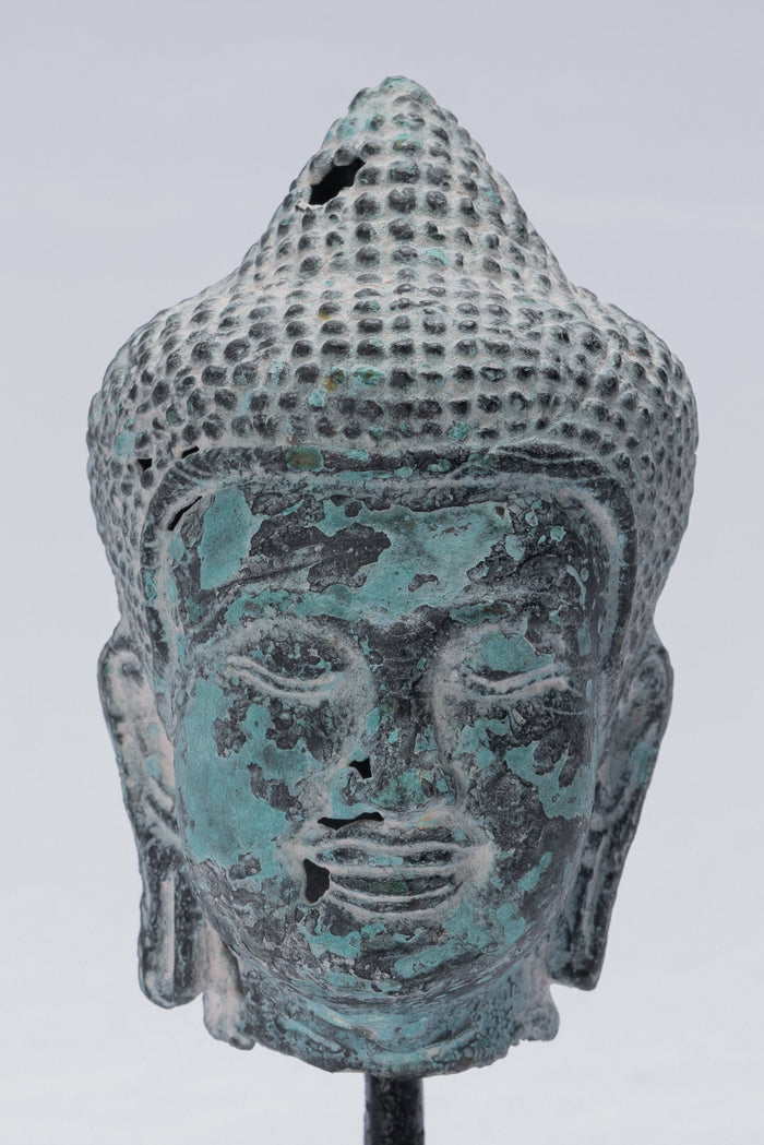 Buddha Statue - Antique Khmer Style Bronze Mounted Buddha Head Statue - 15.5cm/6"