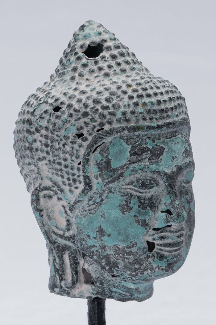 Buddha Statue - Antique Khmer Style Bronze Mounted Buddha Head Statue - 15.5cm/6"