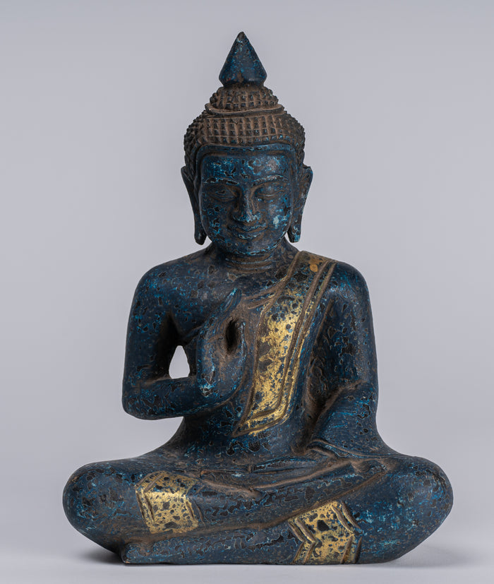 Buddha Statue - Antique Khmer Style Cambodia Seated Wood Buddha Statue Teaching Mudra - 20cm/8"