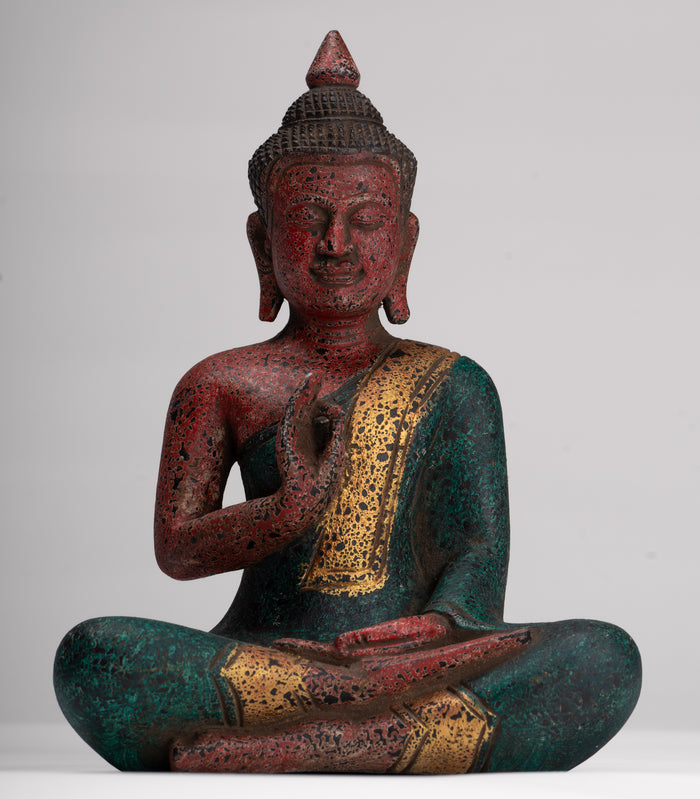 Buddha Statue - Antique Khmer Style Cambodia Seated Wood Buddha Statue Teaching Mudra - 26cm/10"