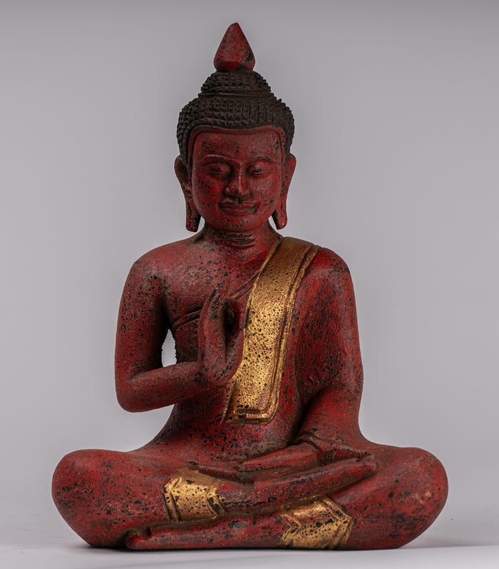 Buddha Statue - Antique Khmer Style Cambodia Seated Wood Buddha Statue Teaching Mudra - 26cm/10"
