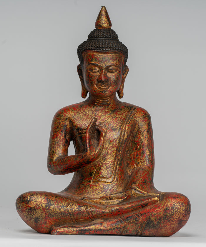 Buddha Statue - Antique Khmer Style Cambodia Seated Wood Buddha Statue Teaching Mudra - 26cm/10"