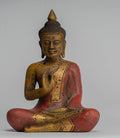 Buddha Statue - Antique Khmer Style Cambodia Seated Wood Buddha Statue Teaching Mudra - 27cm/11"