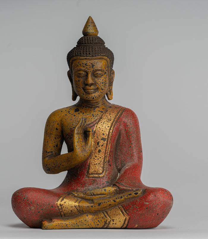 Buddha Statue - Antique Khmer Style Cambodia Seated Wood Buddha Statue Teaching Mudra - 27cm/11"