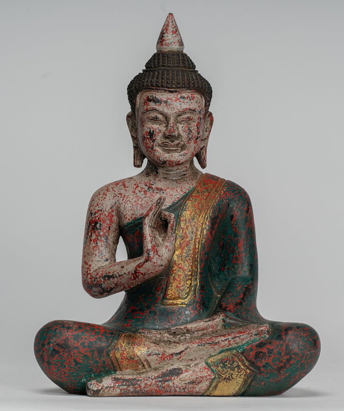 Buddha Statue - Antique Khmer Style Cambodia Seated Wood Buddha Statue Teaching Mudra - 27cm/11"