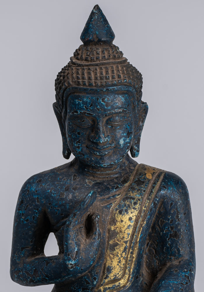 Buddha Statue - Antique Khmer Style Cambodia Seated Wood Buddha Statue Teaching Mudra - 20cm/8"