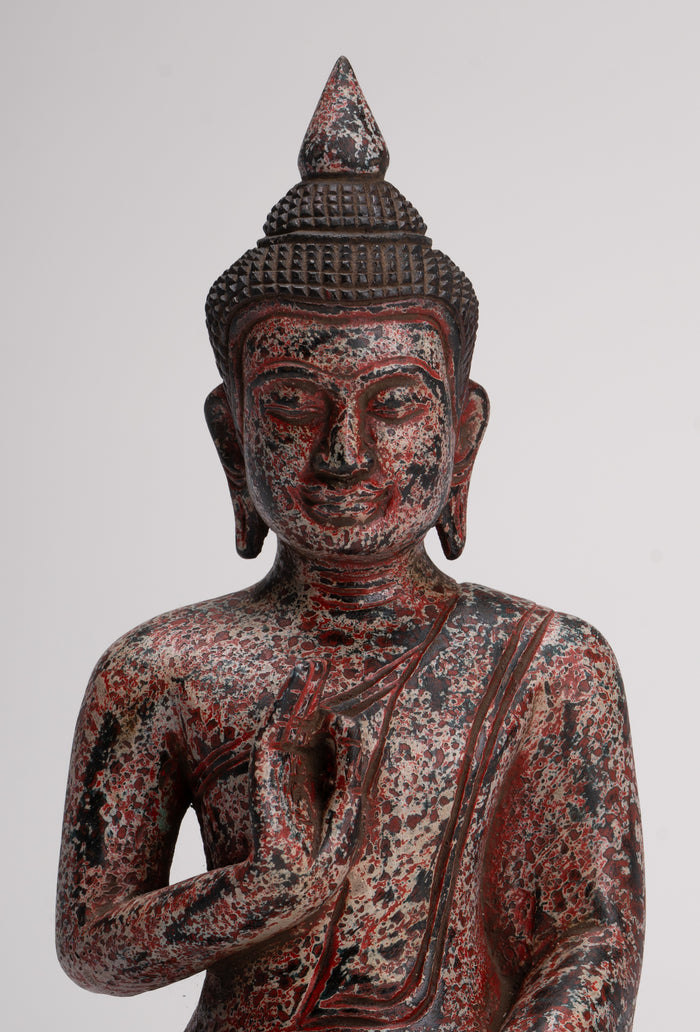 Buddha Statue - Antique Khmer Style Cambodia Seated Wood Buddha Statue Teaching Mudra - 27cm/11"