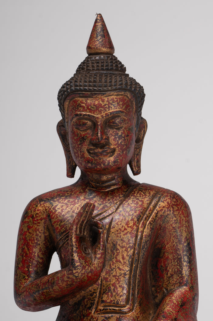 Buddha Statue - Antique Khmer Style Cambodia Seated Wood Buddha Statue Teaching Mudra - 27cm/11"