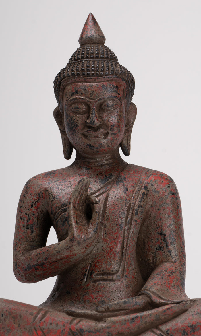 Buddha Statue - Antique Khmer Style Cambodia Seated Wood Buddha Statue Teaching Mudra - 27cm/11"