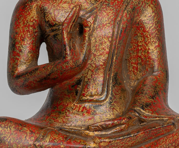 Buddha Statue - Antique Khmer Style Cambodia Seated Wood Buddha Statue Teaching Mudra - 27cm/11"