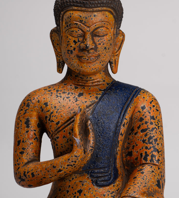 Buddha Statue - Antique Khmer Style Cambodia Seated Wood Buddha Statue Teaching Mudra - 27cm/11"