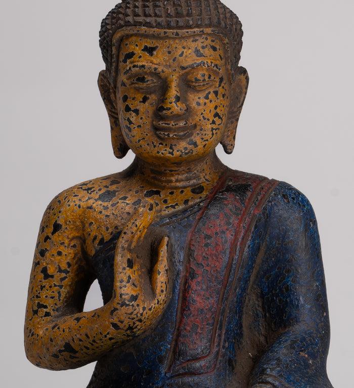 Buddha Statue - Antique Khmer Style Cambodia Seated Wood Buddha Statue Teaching Mudra - 21cm/8"