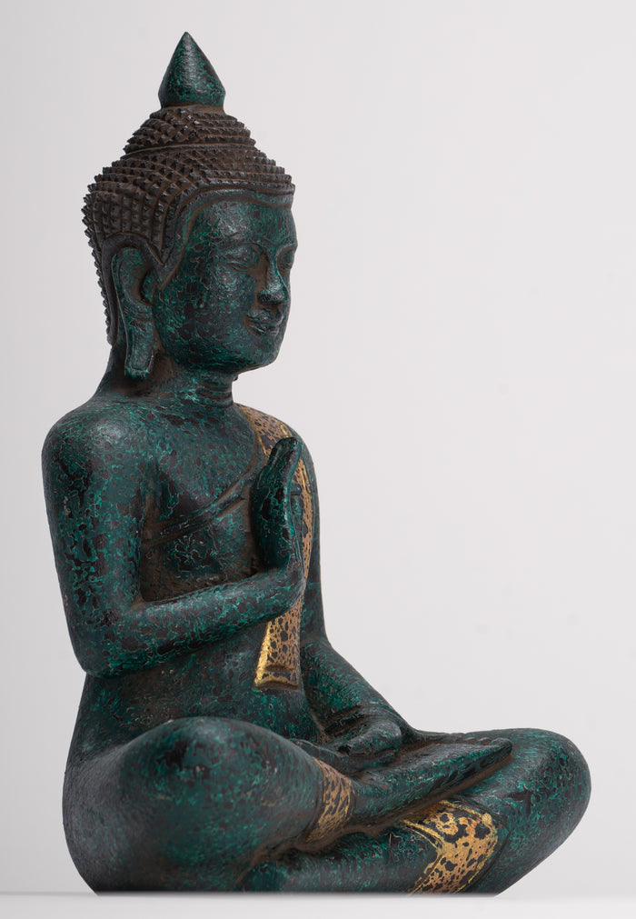 Buddha Statue - Antique Khmer Style Cambodia Seated Wood Buddha Statue Teaching Mudra - 26cm/10"