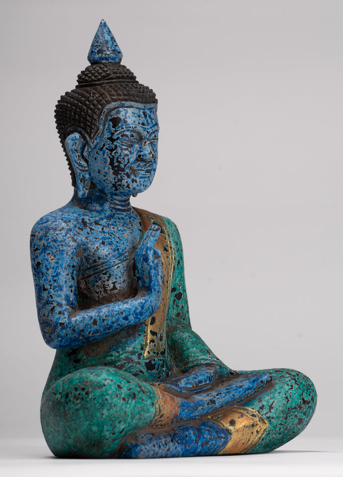 Buddha Statue - Antique Khmer Style Cambodia Seated Wood Buddha Statue Teaching Mudra - 27cm/11"