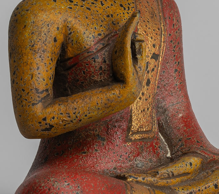 Buddha Statue - Antique Khmer Style Cambodia Seated Wood Buddha Statue Teaching Mudra - 27cm/11"