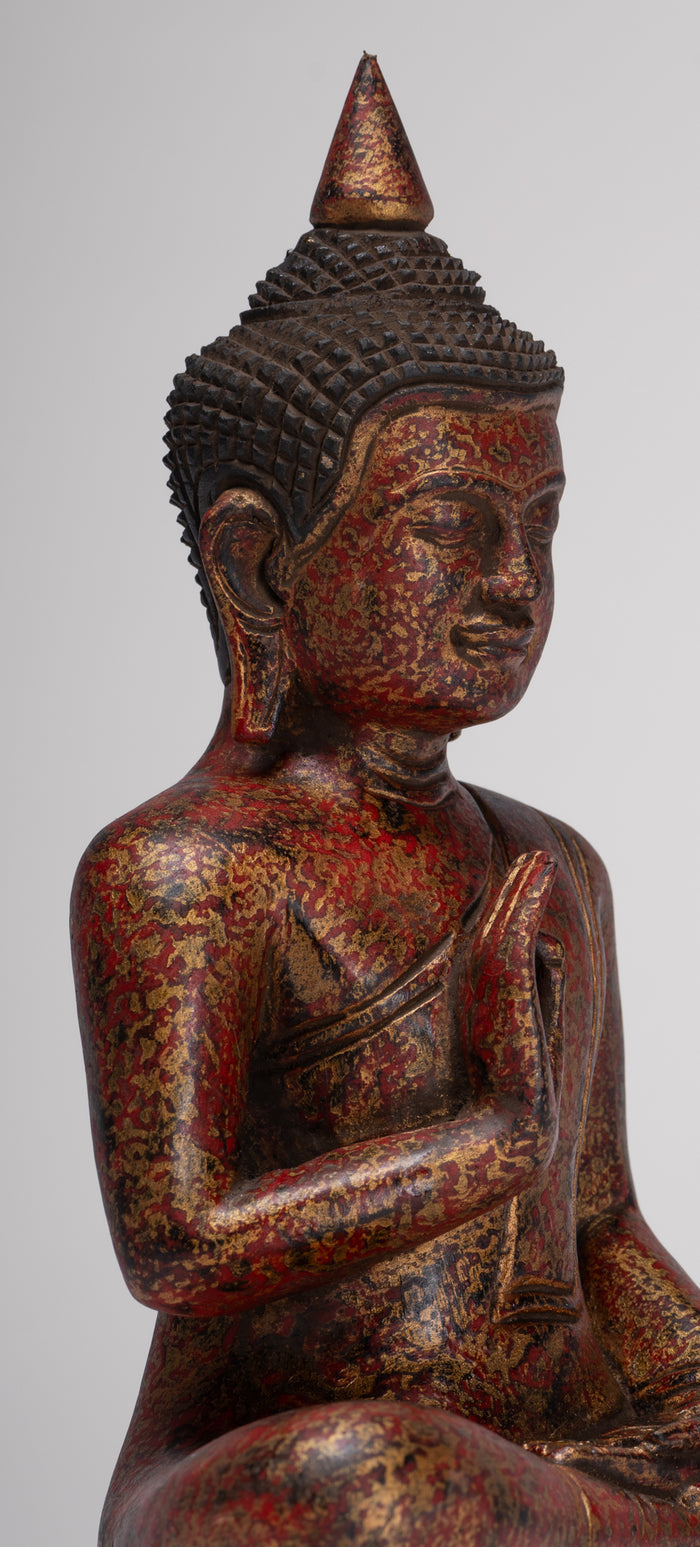 Buddha Statue - Antique Khmer Style Cambodia Seated Wood Buddha Statue Teaching Mudra - 27cm/11"