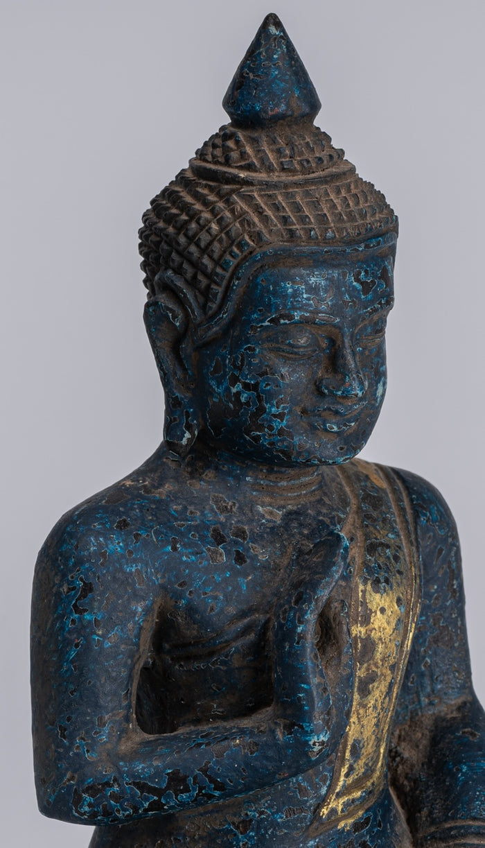 Buddha Statue - Antique Khmer Style Cambodia Seated Wood Buddha Statue Teaching Mudra - 20cm/8"