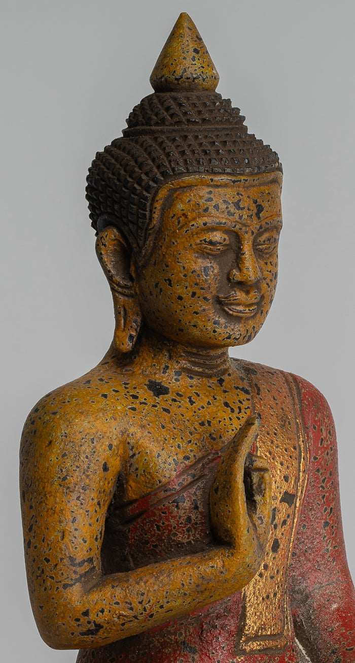 Buddha Statue - Antique Khmer Style Cambodia Seated Wood Buddha Statue Teaching Mudra - 27cm/11"