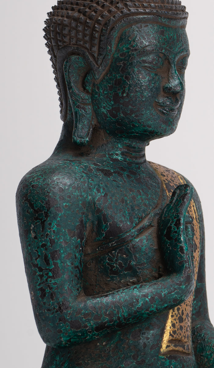 Buddha Statue - Antique Khmer Style Cambodia Seated Wood Buddha Statue Teaching Mudra - 26cm/10"