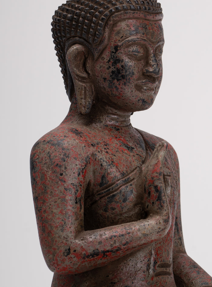 Buddha Statue - Antique Khmer Style Cambodia Seated Wood Buddha Statue Teaching Mudra - 27cm/11"