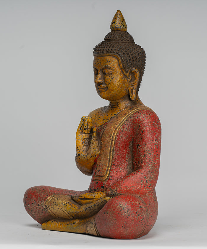 Buddha Statue - Antique Khmer Style Cambodia Seated Wood Buddha Statue Teaching Mudra - 26cm/10"