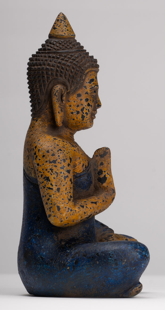 Buddha Statue - Antique Khmer Style Cambodia Seated Wood Buddha Statue Teaching Mudra - 21cm/8"