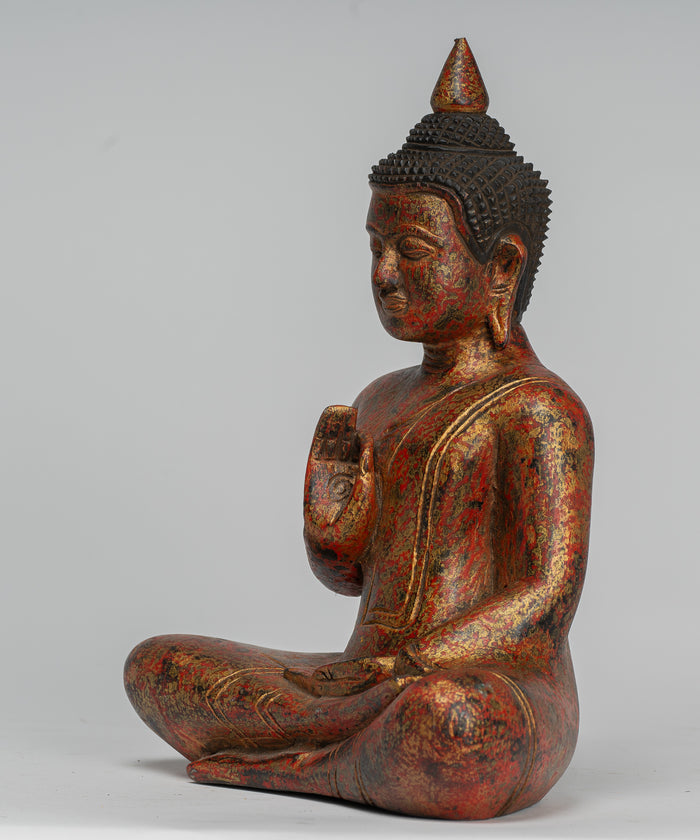 Buddha Statue - Antique Khmer Style Cambodia Seated Wood Buddha Statue Teaching Mudra - 26cm/10"