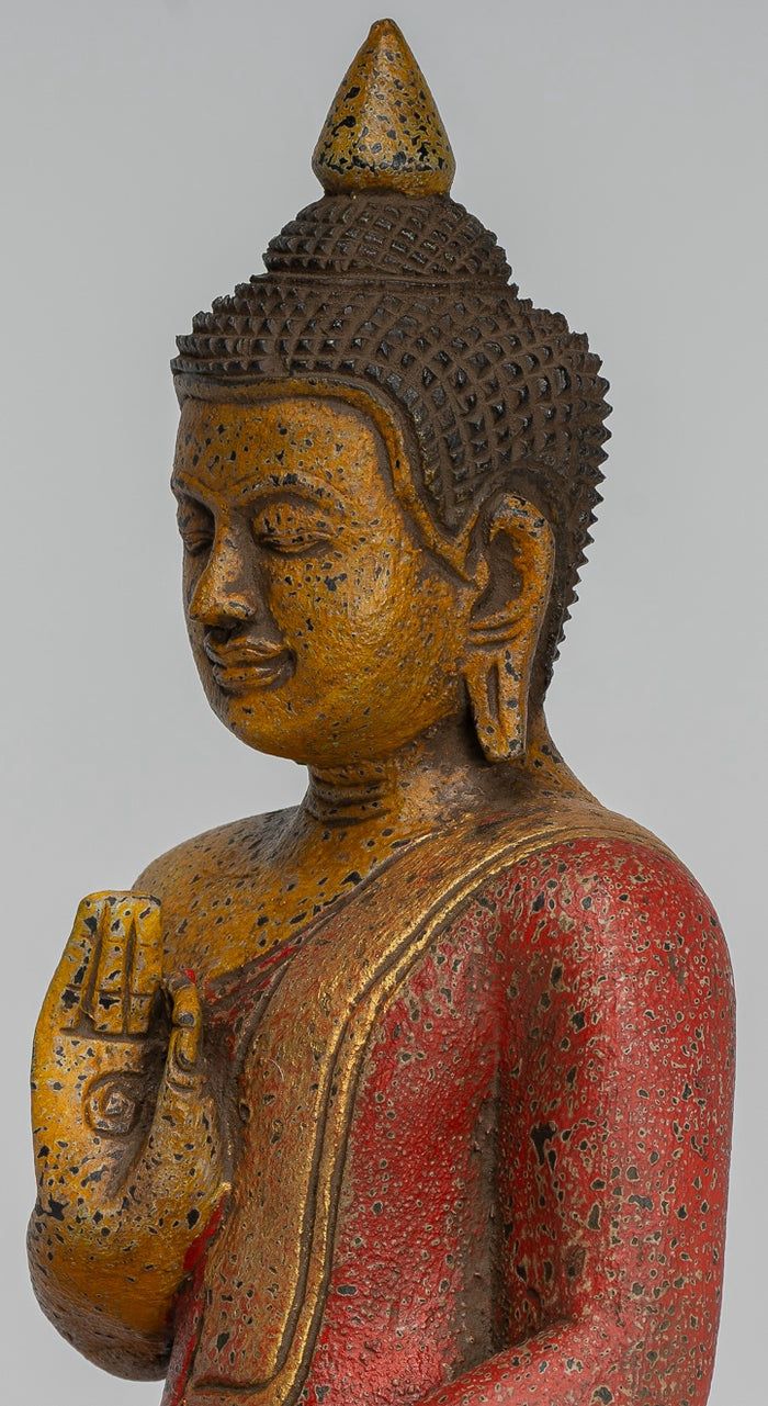 Buddha Statue - Antique Khmer Style Cambodia Seated Wood Buddha Statue Teaching Mudra - 26cm/10"