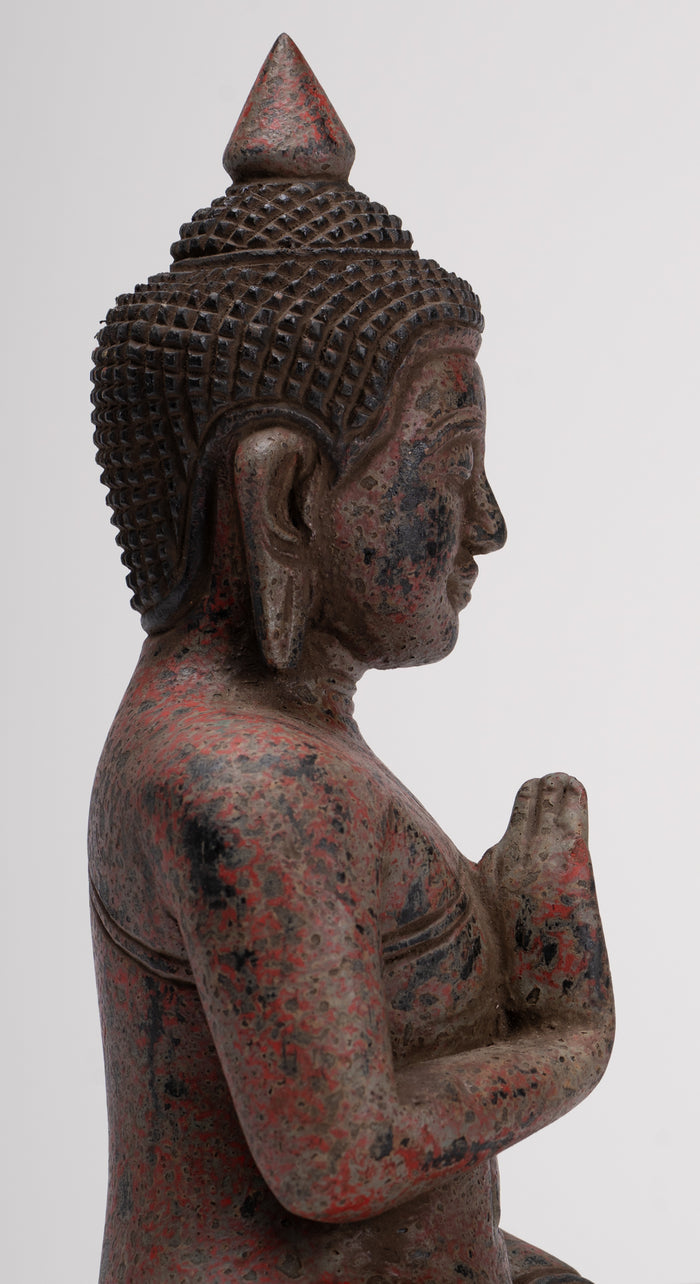 Buddha Statue - Antique Khmer Style Cambodia Seated Wood Buddha Statue Teaching Mudra - 27cm/11"