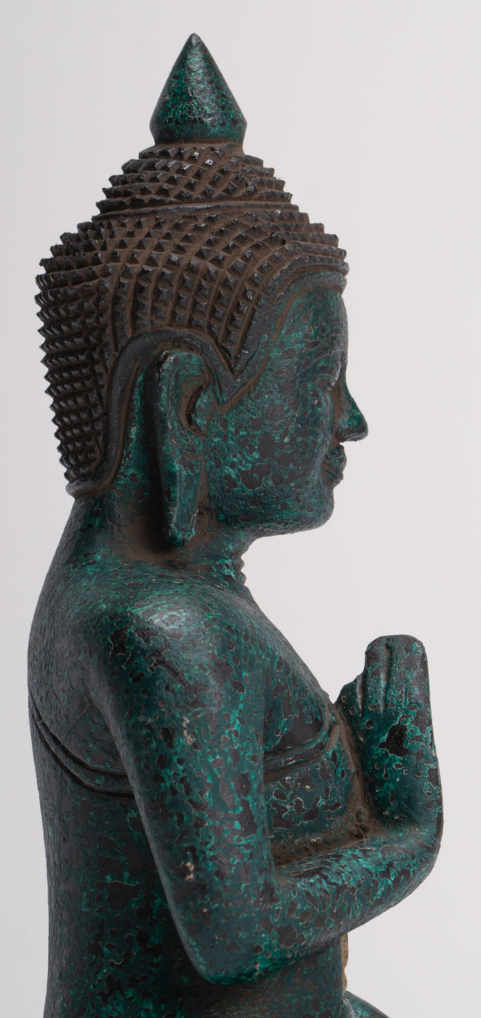 Buddha Statue - Antique Khmer Style Cambodia Seated Wood Buddha Statue Teaching Mudra - 26cm/10"