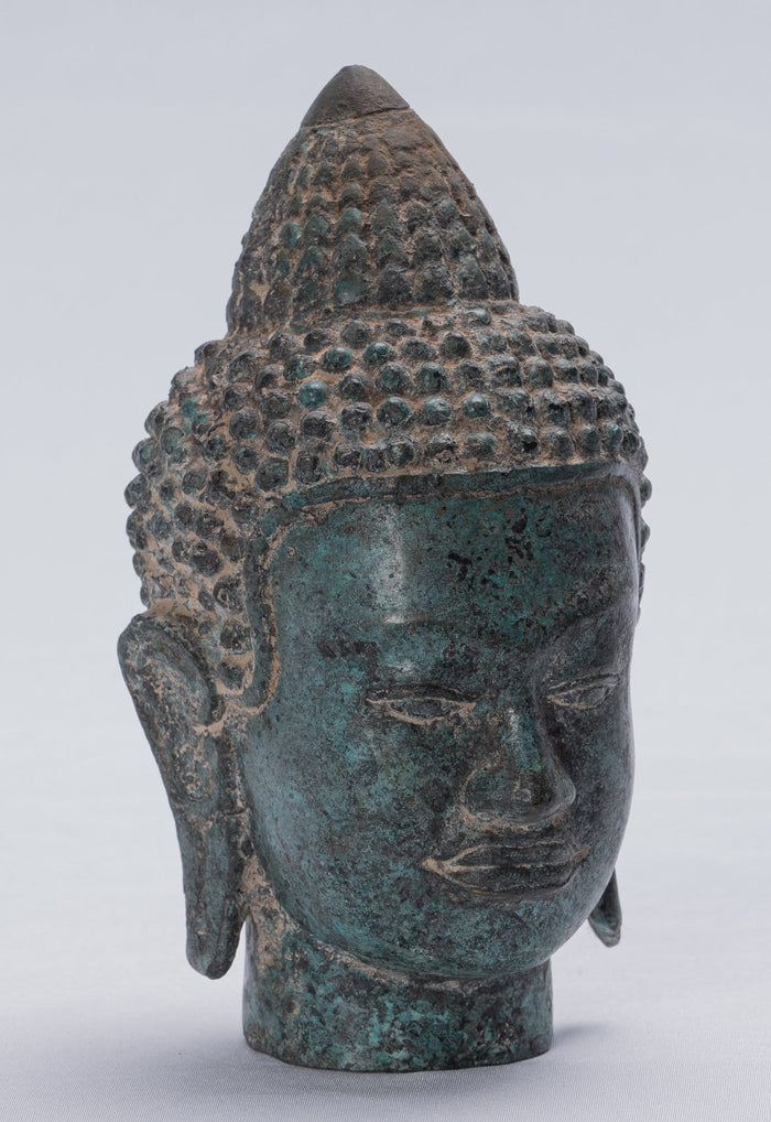 Buddha Statue - Antique Khmer style Freestanding Bronze Buddha Head Statue - 14cm/6"