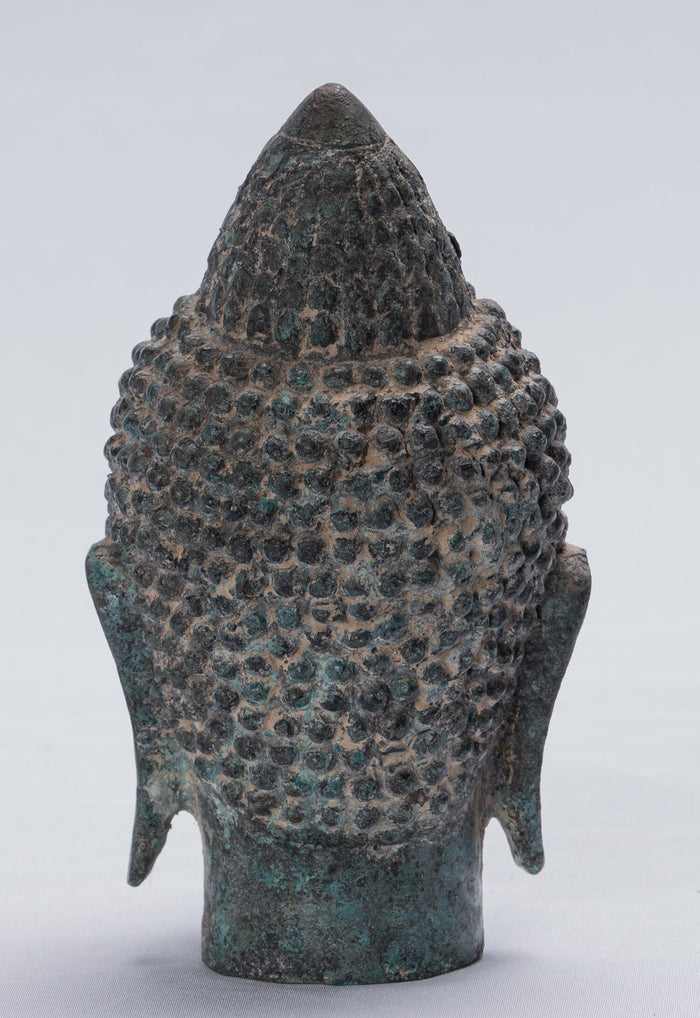 Buddha Statue - Antique Khmer style Freestanding Bronze Buddha Head Statue - 14cm/6"