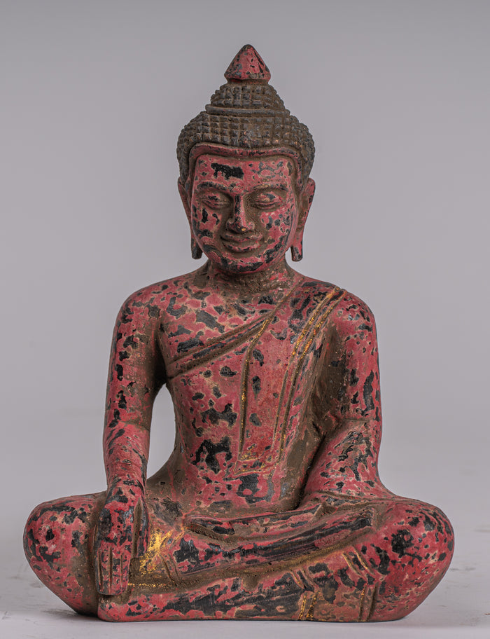 Buddha Statue - Antique Khmer Style SE Asia Seated Wood Enlightenment Buddha Statue - 21cm/8"