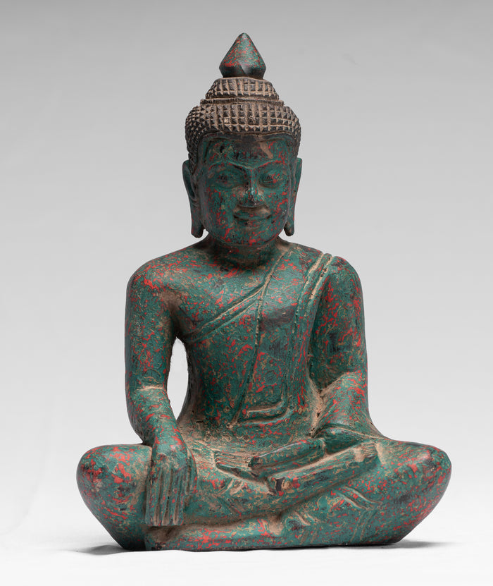 Buddha Statue - Antique Khmer Style SE Asia Seated Wood Enlightenment Buddha Statue - 21cm/8"