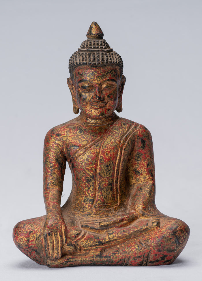 Buddha Statue - Antique Khmer Style SE Asia Seated Wood Enlightenment Buddha Statue - 21cm/8"