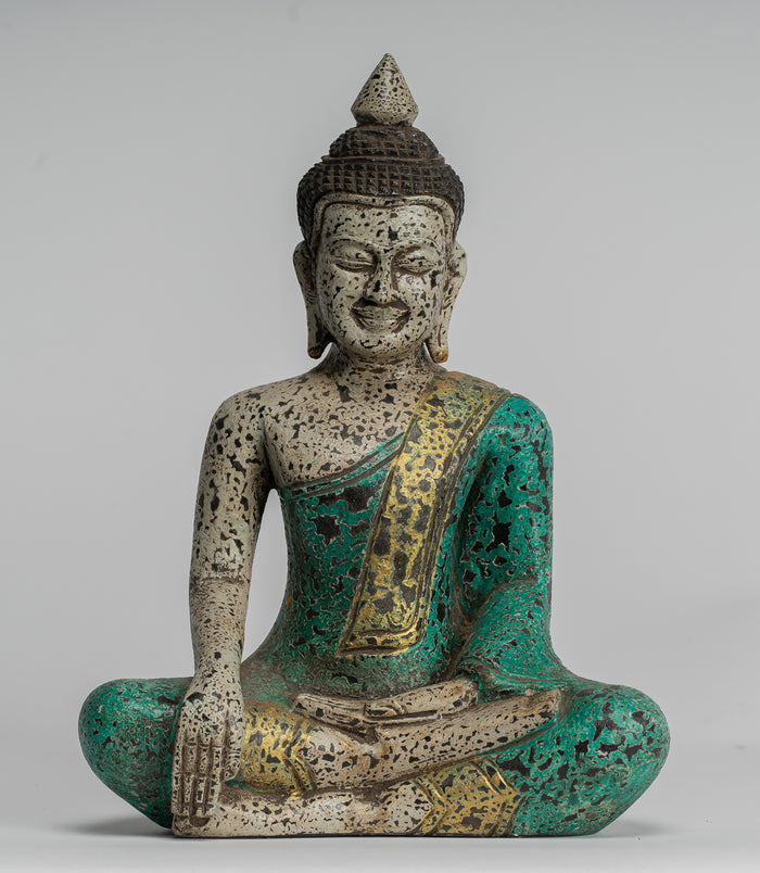 Buddha Statue - Antique Khmer Style SE Asia Seated Wood Enlightenment Buddha Statue - 26cm/10"