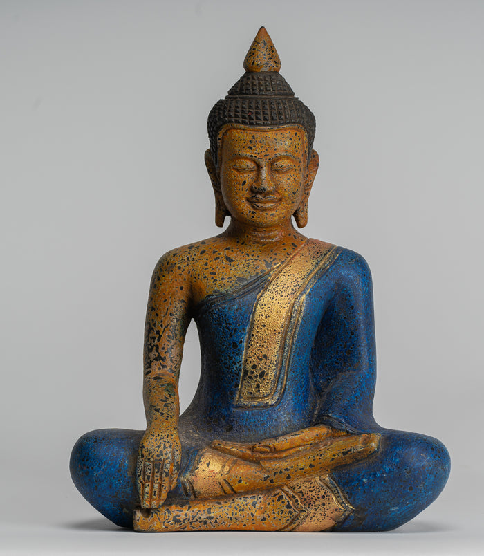 Buddha Statue - Antique Khmer Style SE Asia Seated Wood Enlightenment Buddha Statue - 27cm/11"