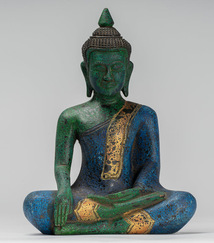 Buddha Statue - Antique Khmer Style SE Asia Seated Wood Enlightenment Buddha Statue - 27cm/11"