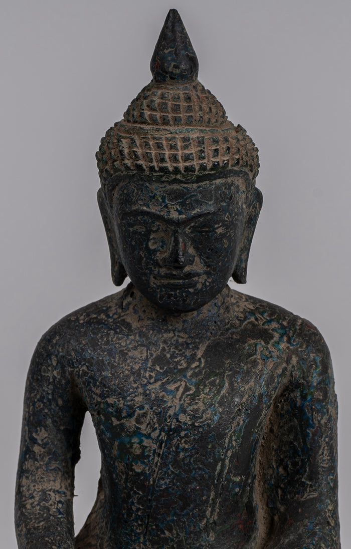 Buddha Statue - Antique Khmer Style SE Asia Seated Wood Enlightenment Buddha Statue - 21cm/8"